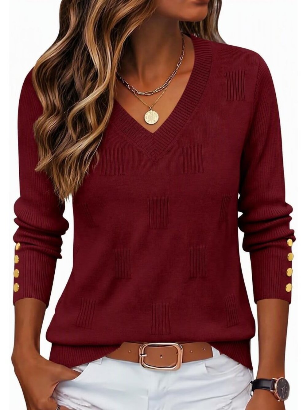Women's Dark Red V Neck Long Sleeve Pullover Sweater Imported Tops Blouse